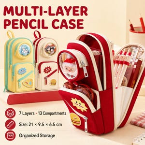 May include: A multi-layer pencil case in red, yellow, and cream colors. The red case is open, revealing multiple compartments filled with pens and a ruler. Each case features a circular clear window, zipper closures, and decorative patches.
