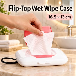 May include: A white and pink flip-top wet wipe case measuring 16.5 x 13 cm. The rectangular plastic container features a pink lid that opens to reveal a white textured wet wipe being pulled through the centre opening. A black strap is attached.