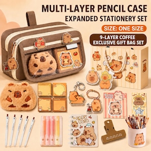 May include: A brown multi-layer pencil case and stationery set featuring capybara illustrations. The set includes a plush capybara pouch, a spiral notebook, pens, sticky notes, acrylic keychains, a clip, and a gift bag with the text 9-LAYER COFFEE EXCLUSIVE GIFT BAG SET.