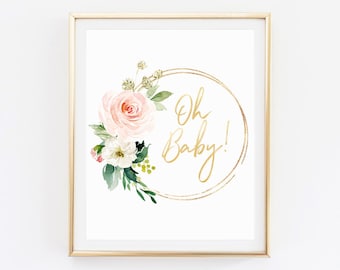 Oh baby sign — shower party floral print with gold and pink tones, printable pdf