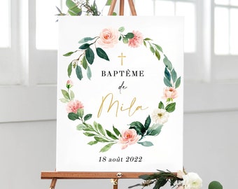 Affiche Bienvenue Baptême, Fleurs Décoration Baptême en Format Numérique ou Imprimée en A4 ou A3