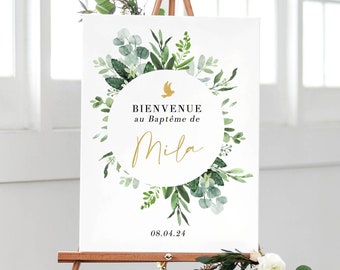 Affiche Bienvenue au Baptême Personnalisée, Décoration Baptême Aquarelle en Format Numérique ou Imprimée en A4 ou A3