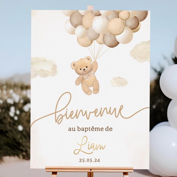 Letrero de bienvenida de oso para bautizo, decoración de bautizo, anuncio de bautizo de oso, fiesta de bienvenida de bautizo