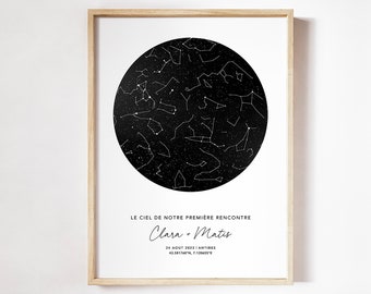 Carte du Ciel Personnalisée, Saint Valentin, Affiche Étoile le Soir de Notre Rencontre Personnalisée en Format PDF ou Imprimée en A4 ou A3