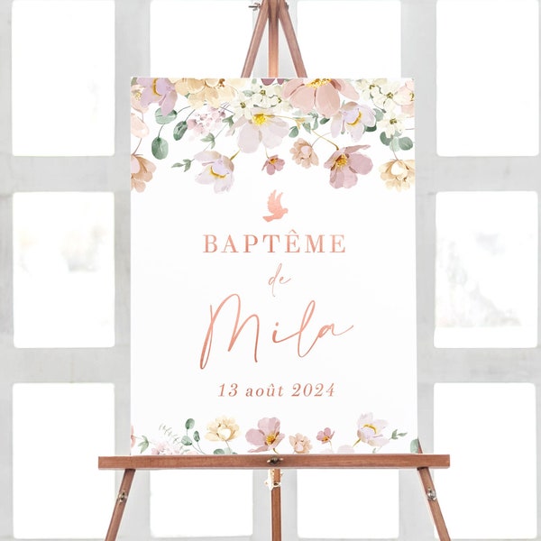 Affiche Baptême Personnalisée, Déco Fleur Baptême Décoration en Format Numérique ou Imprimée en A4 ou A3