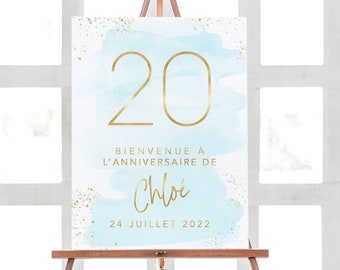 Affiche Anniversaire Personnalisée, Décoration Anniversaire Aquarelle Bleu Turquoise en Format Numérique ou Imprimée en A4 ou A3