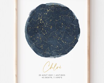 Affiche Constellation, Idée de Cadeau d'Anniversaire ou Naissance Affiche Étoile Personnalisée en Format PDF ou Imprimée en A4 ou A3
