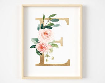 Blumen Buchstabe, neue Baby-Geschenk, personalisierte Initiale, Blumen erste Wandkunst, Gold erste Kinderzimmer Printables