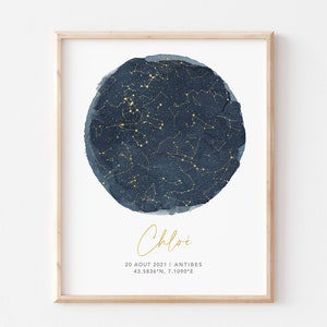 Affiche Constellation, Idée de Cadeau d'Anniversaire ou Naissance Affiche Étoile Personnalisée en Format PDF ou Imprimée en A4 ou A3
