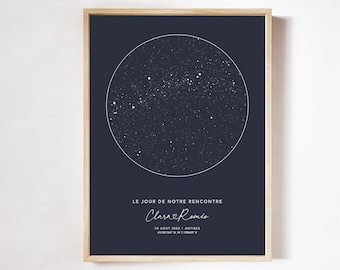 Carte du Ciel Personnalisée, Affiche Étoile le Soir de Notre Rencontre Personnalisée en Format PDF ou Imprimée en A4 ou A3