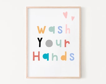 Wash your hands kids room art print — colorful bathroom poster printable df file