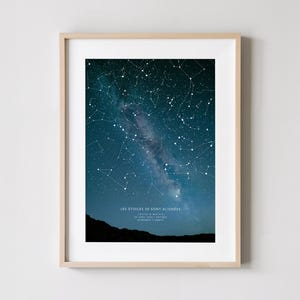Op de afbeelding: Een ingelijste print met een nachthemel met sterrenbeelden en de Melkweg. Het kunstwerk heeft een donkerblauw en wit kleurenschema, met de tekst "LES &Eacute;TOILES SE SONT ALIGN&Eacute;ES" onderaan. De lijst is licht van kleur.