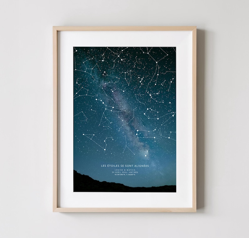 Op de afbeelding: Een ingelijste print met een nachthemel met sterrenbeelden en de Melkweg. Het kunstwerk heeft een donkerblauw en wit kleurenschema, met de tekst "LES &Eacute;TOILES SE SONT ALIGN&Eacute;ES" onderaan. De lijst is licht van kleur.