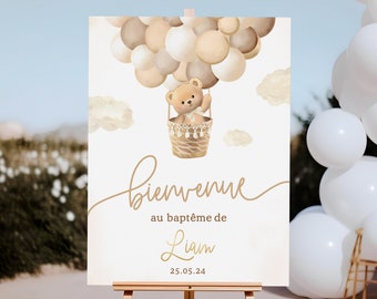 Affiche Baptême Personnalisée Ours Ballon en Format Numérique ou Imprimée en A4 ou A3