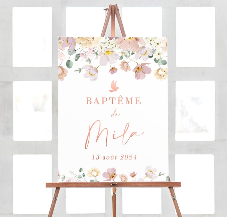 Affiche Baptême Personnalisée, Déco Fleur Baptême Décoration en Format Numérique ou Imprimée en A4 ou A3 image 1