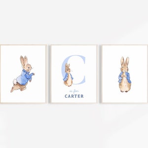 Guardería inicial, decoración de la pared de Peter Rabbit, conjunto de 3 impresiones Peter Rabbit Nursery imprimible, nuevo regalo de bebé personalizado, decoración de la habitación del bebé