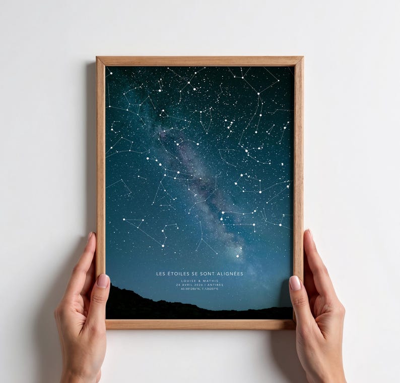 Op de afbeelding: Een ingelijste print met een gedetailleerde afbeelding van een nachtelijke sterrenhemel met sterrenbeelden en de Melkweg. De print heeft een donkerblauwe en witte kleurenpalet, met de tekst "LES &Eacute;TOILES SE SONT ALIGN&Eacute;ES" onderaan.