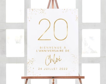 20th Birthday welcome printed sign — white personalized party with golden color, printed and shipped