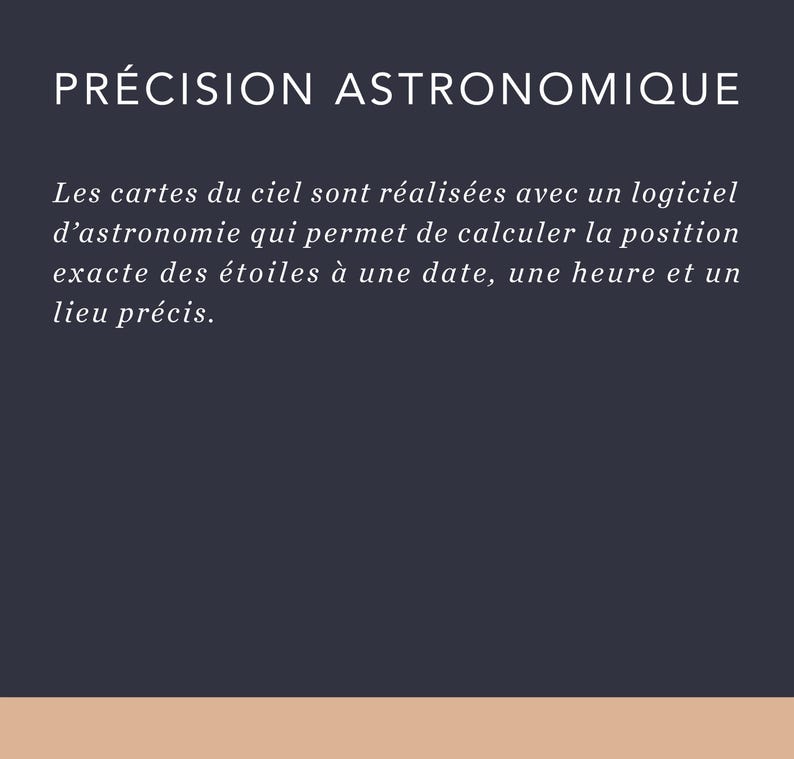 Op de afbeelding: Donkerblauwe achtergrond met witte tekst: "PR&Eacute;CISION ASTRONOMIQUE". De tekst beschrijft hoe hemelkaarten worden gemaakt met astronomiesoftware om de exacte positie van sterren op een specifieke tijd en plaats te berekenen.