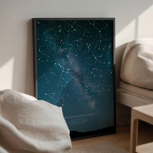 Op de afbeelding: Een ingelijste print met een gedetailleerde weergave van een sterrenhemel, met sterrenbeelden en de Melkweg. Het kunstwerk staat tegen een donkerblauwe achtergrond, met witte stippen die sterren voorstellen. De tekst "&Eacute;TOILES SE SONT ALIGN&Eacute;ES" is onderaan zichtbaar.