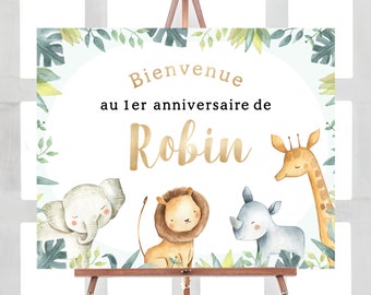 Safari-verjaardagsbord: gepersonaliseerd decor jungledieren, wild 1e poster