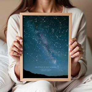 Op de afbeelding: Een ingelijste print met een gedetailleerde weergave van een sterrenhemel, met sterrenbeelden en de Melkweg. De print heeft een donkerblauwe achtergrond en een houten lijst. De tekst onderaan luidt "LES &Eacute;TOILES SE SONT ALIGN&Eacute;ES".