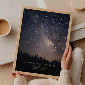 Carte du ciel selon date et lieu, célébration personnalisée couple, poster nuit et constellation, idée original mariage, jour de rencontre