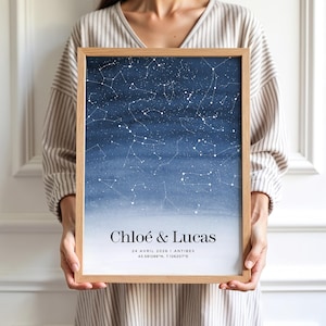 Carte du ciel étoilé selon date et lieu, cadeau personnalisé couple, affiche romantique, poster nuit et constellation, idée original mariage