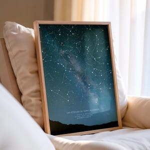 Op de afbeelding: Een ingelijste print met een gedetailleerde weergave van een sterrenhemel, met sterrenbeelden en de Melkweg. Het kunstwerk staat tegen een donkerblauwe en blauwgroene achtergrond, met een houten frame. De tekst onderaan luidt "LES &Eacute;TOILES SE SONT ALIGN&Eacute;ES".