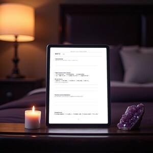 K&ouml;nnte beinhalten: Ein digitales Tablet, das eine Tagesplaner-Seite f&uuml;r Tag 2 mit Abschnitten f&uuml;r t&auml;gliche Ziele, Gewohnheiten und Beobachtungen anzeigt. Das Tablet steht auf einer dunklen Oberfl&auml;che neben einer kleinen wei&szlig;en Kerze und einem violetten Amethystkristall.