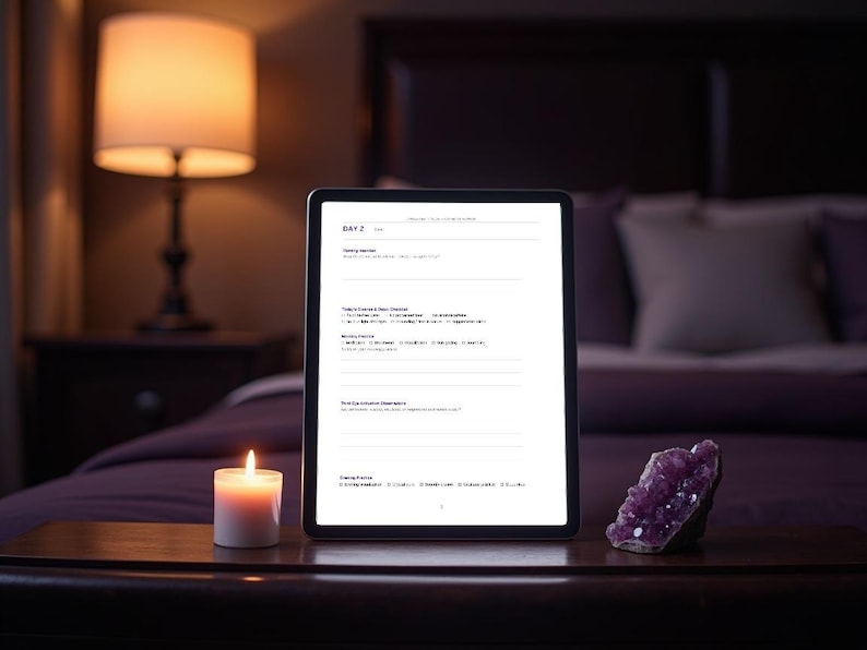 K&ouml;nnte beinhalten: Ein digitales Tablet, das eine Tagesplaner-Seite f&uuml;r Tag 2 mit Abschnitten f&uuml;r t&auml;gliche Ziele, Gewohnheiten und Beobachtungen anzeigt. Das Tablet steht auf einer dunklen Oberfl&auml;che neben einer kleinen wei&szlig;en Kerze und einem violetten Amethystkristall.