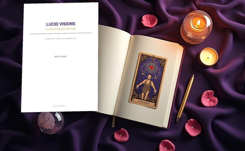 May include: A white workbook titled Lucid Visions: The Official Companion Workbook by Jessie C. Eady III, an open book with a tarot card featuring a figure under a sun, a gold pen, two lit candles in glass holders, and scattered pink flower petals.