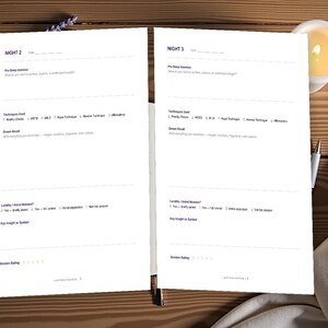 May include: A white open journal featuring two pages labelled Night 2 and Night 3. Each page contains printed sections for pre-sleep intentions, techniques used, dream recall, lucidity, and session ratings with empty star icons for tracking.