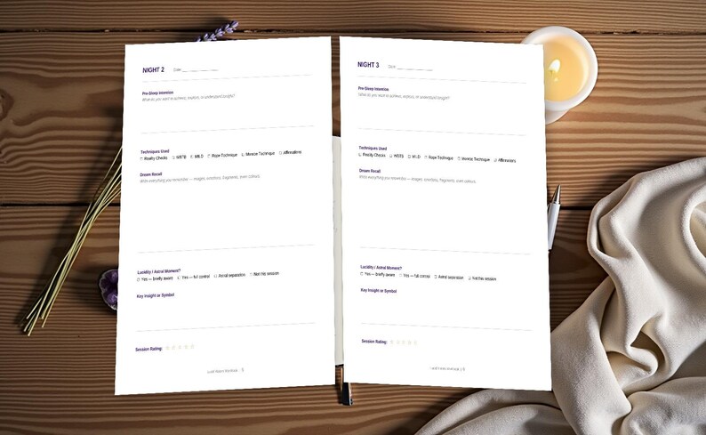 May include: A white open journal featuring two pages labelled Night 2 and Night 3. Each page contains printed sections for pre-sleep intentions, techniques used, dream recall, lucidity, and session ratings with empty star icons for tracking.