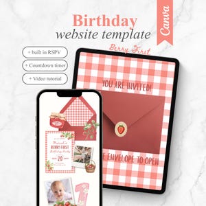 Pode incluir: Um modelo de site de aniversário digital exibido em um tablet e smartphone. O design apresenta um padrão xadrez vermelho e branco, ilustrações de morangos e texto incluindo "Birthday website template" e "YOU ARE INVITED!"