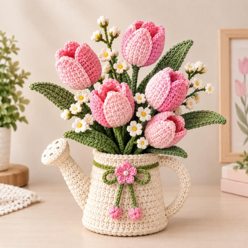 Tulip Bouquet Watering Can Crochet Pattern PDF, Amigurumi Flower ...