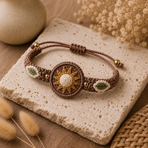 May include: A brown macrame bracelet featuring a central circular sun motif with a cream centre and yellow rays. The band includes two green leaf-shaped accents, small gold-toned beads, and an adjustable sliding knot closure with gold-toned end beads.