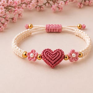 Dusty Rose Heart Bracelet Pattern PDF | Micro Macrame Knotted Cord Tutorial