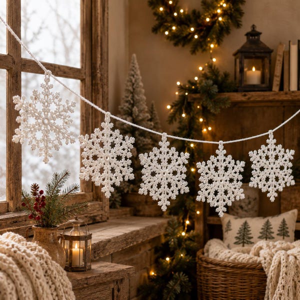 Crochet Snowflake Garland Pattern PDF | Easy Christmas Bunting Digital Download | Beginner Winter Decor Tutorial