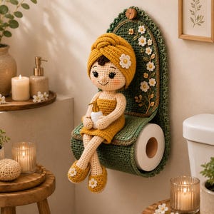 Puede incluir: Una muñeca de ganchillo con una toalla de color amarillo mostaza y zapatillas a juego, sentada en un portarrollos de papel higiénico de ganchillo verde oscuro. El soporte tiene un panel trasero arqueado con bordados florales blancos.