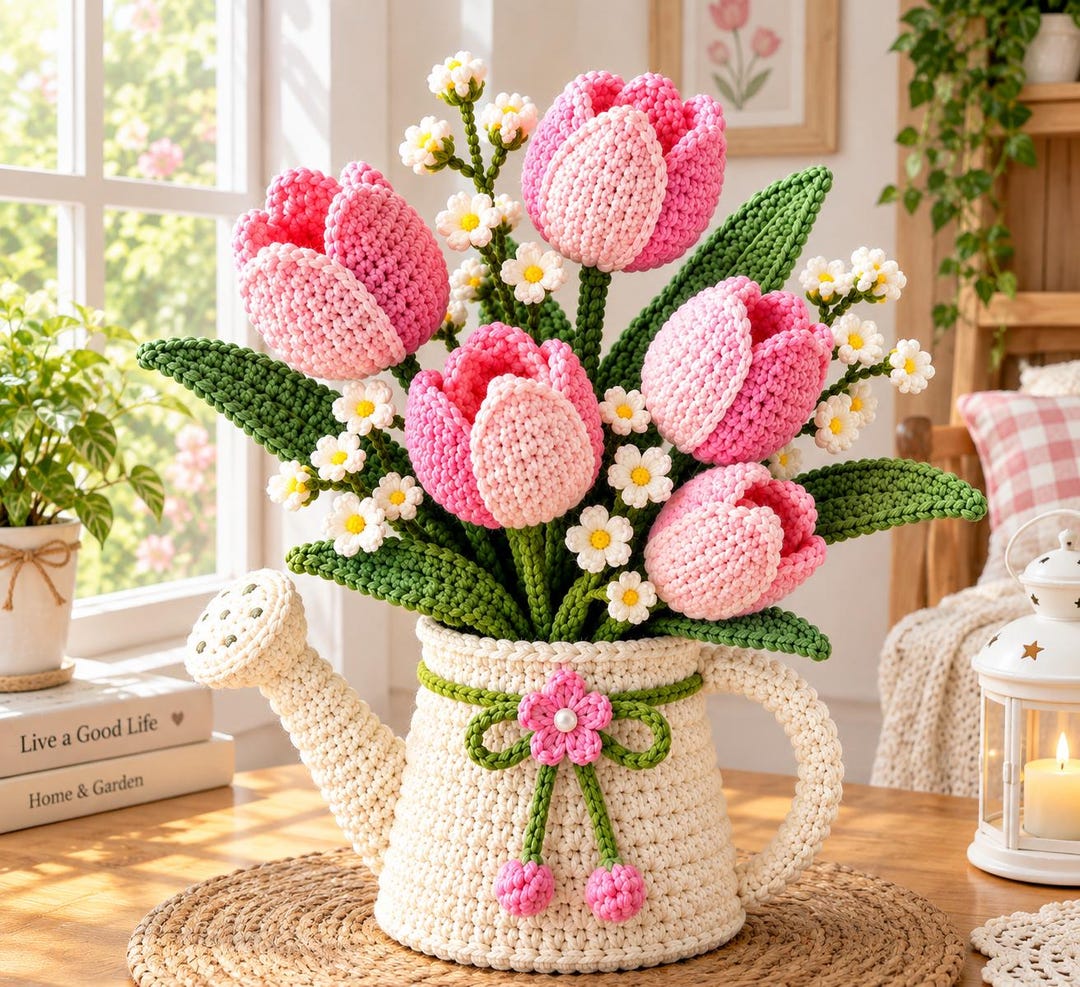 Tulip Bouquet Watering Can Crochet Pattern PDF, Amigurumi Flower ...