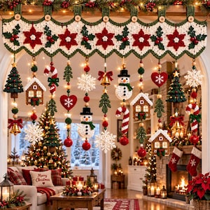 May include: A crocheted Christmas valance featuring a scalloped edge with red poinsettias and green holly leaves, accented by wooden buttons. Hanging from the valance are various crocheted ornaments including snowmen, houses, trees, and candy canes.