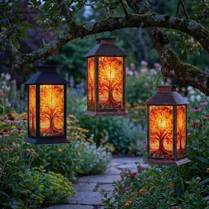 May include: Three rectangular lanterns with dark frames hanging from a tree branch. Each lantern features illuminated glass panels displaying a vibrant orange and yellow tree of life design with intricate branches and a glowing light source inside.