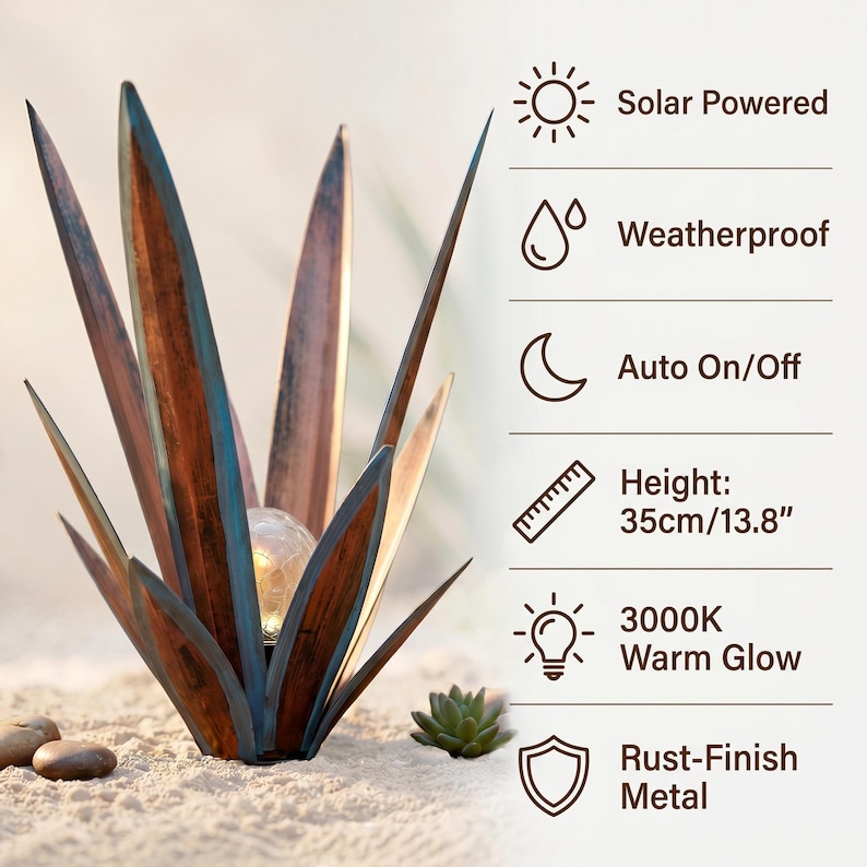 Solar agave features including solar power weather resistance and warm glow