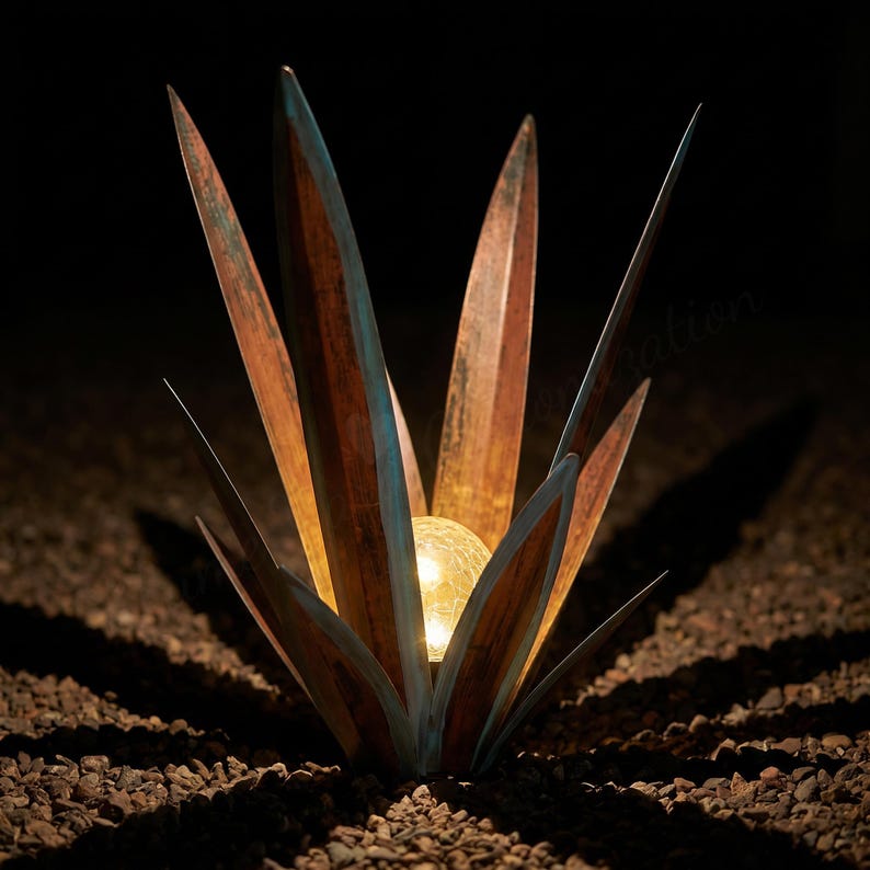Glowing agave garden light close-up at night