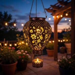 May include: A hanging metal lantern shaped like a hot air balloon with a bronze finish. The body features intricate laser-cut patterns of hummingbirds and flowers that glow from within. A small candle holder hangs at the base with a lit candle.