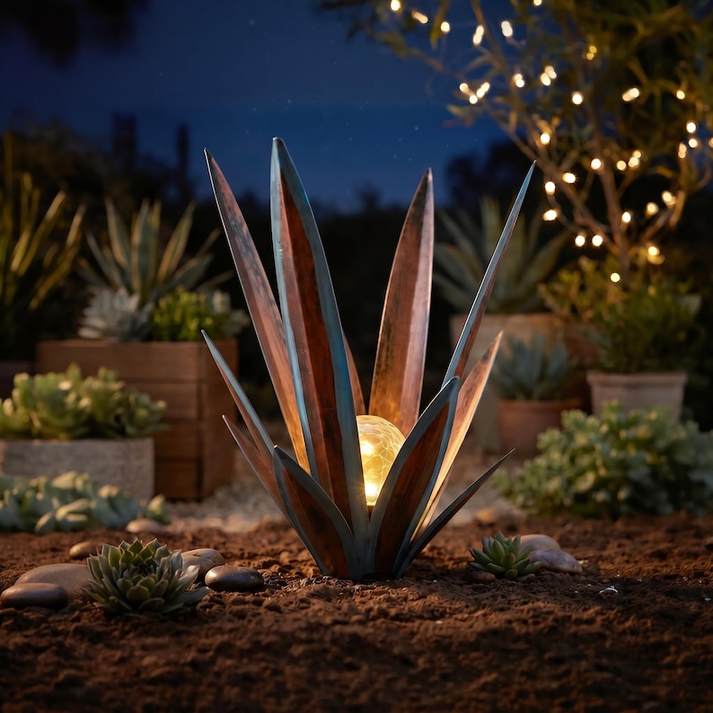 Solar agave garden light in a landscaped outdoor setting
