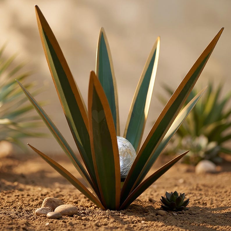 Metal agave garden sculpture in daylight