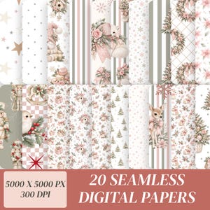 Könnte beinhalten: Eine Sammlung von 20 nahtlosen digitalen Papieren mit weihnachtlichen Mustern in zartem Rosa, Weiß und Salbeigrün. Die Designs zeigen Nussknacker, Rehe, Vögel, Blumenkränze, Tannenbäume und Schneeflocken. Text: 5000 X 5000 PX 300 DPI.