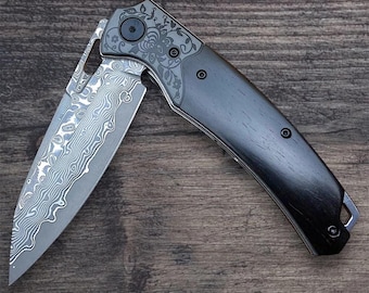 Custom Damascus Steel Pocket Knife with Floral Steel Bolster & Ebony Wood Handle